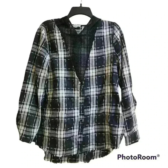 Love Riche Tops - 702. Loveriche long sleeve net front botyon down hooded shirt size s